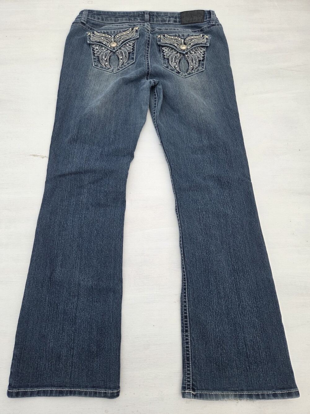 Soundgirl Jeans Womens 13 Bootcut Blue Denim Bedazzled Flap Pockets Distressed